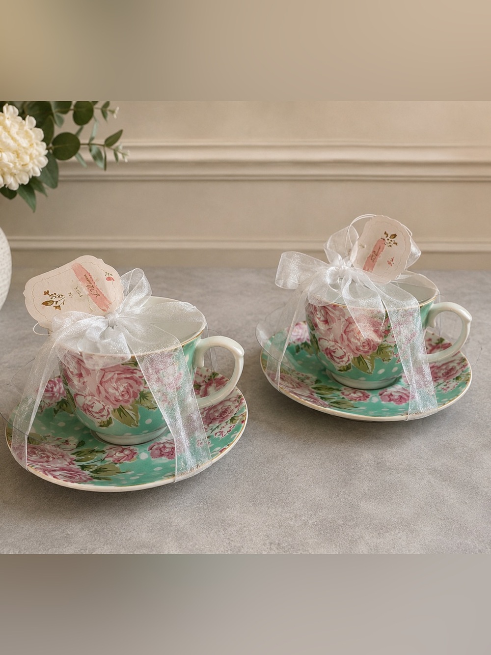 Kent Pottery In Full Bloom Floral Teacup Saucer Set of 2 Pink Roses Brunch Party